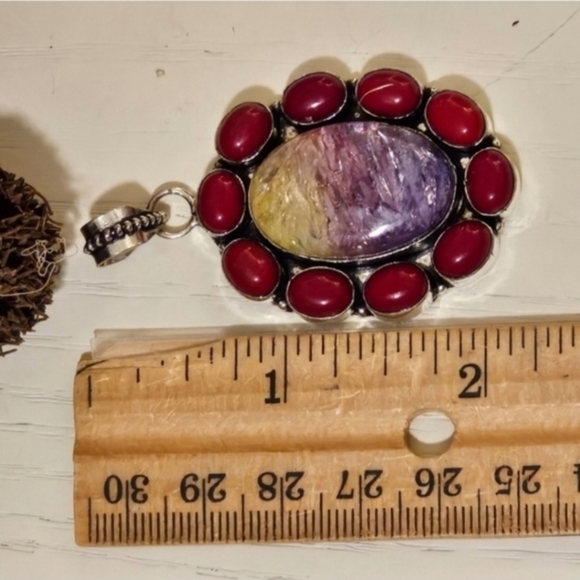 Rainbow Solar Quartz / Red Coral Pendant - passion, prosperity, promote harmony - Picture 3 of 3